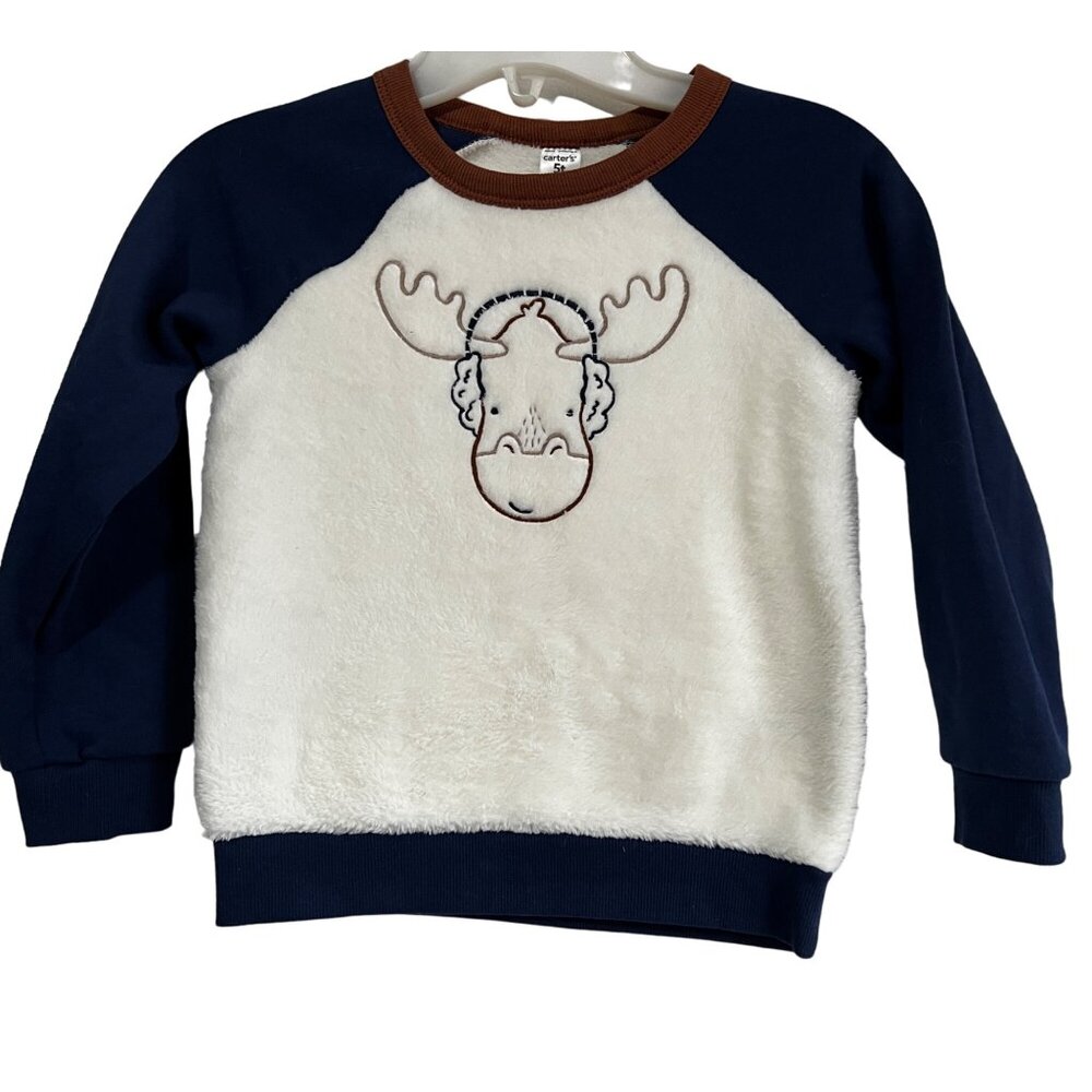 Carter's Fleece Reindeer Sweater Sz 5T Boys Cream & Navy Blue Soft Pullover